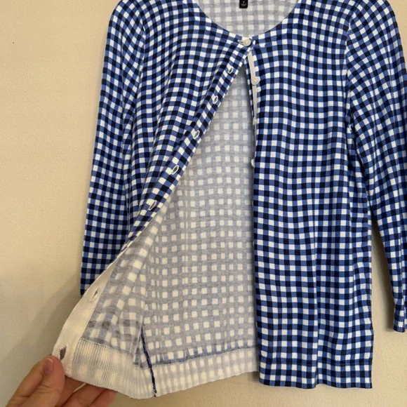 Talbots Cardigan Sweater Top 2 Pc SET Petite P 3/4 Sleeves Blue White Checkered - Picture 11 of 13
